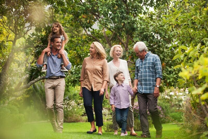 Three generations of a family enjoying time together outdoors